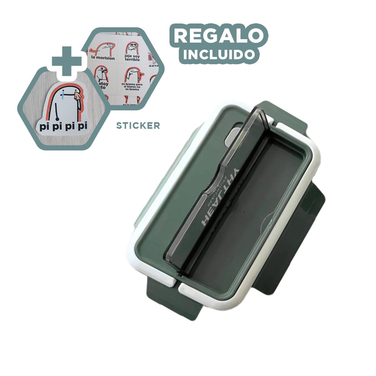 ENVASE RECTANGULAR CON CUBIERTOS PARA LLEVAR COMIDA 1100ML VERDE Y+REGALO STICKER - 1
