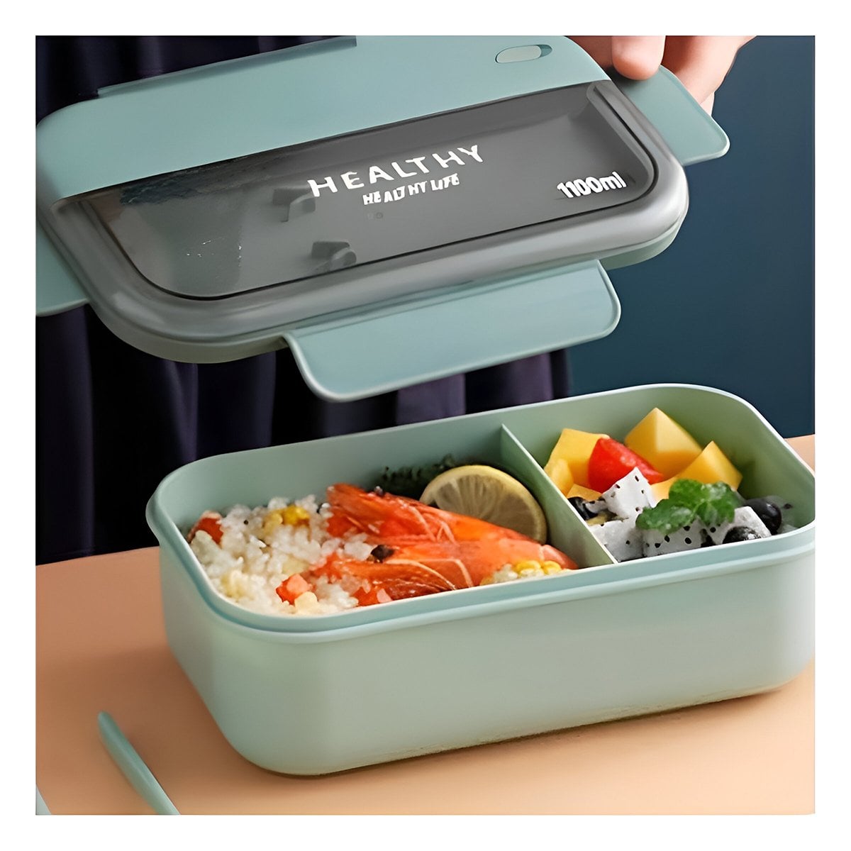 ENVASE RECTANGULAR CON CUBIERTOS PARA LLEVAR COMIDA 1100ML VERDE Y+REGALO STICKER - 2