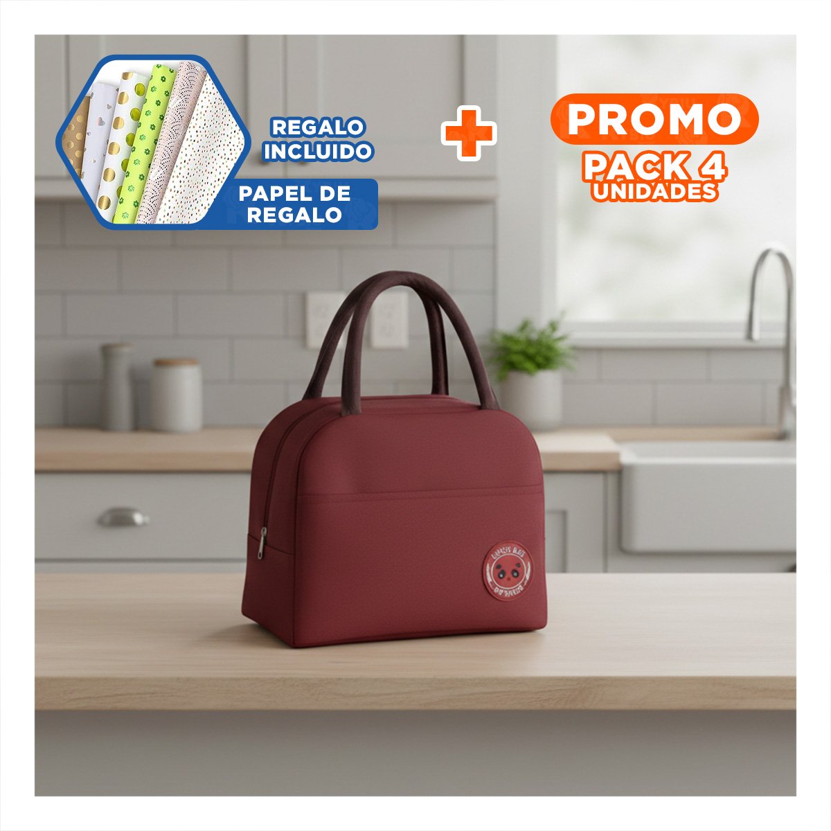 PACK4 LUNCH BOX TERMICA Y BOLSILLO EXTERIOR IDEAL PARA OFICINA Y ESCUELA GUINDA Y+PAPEL REGALO - 1