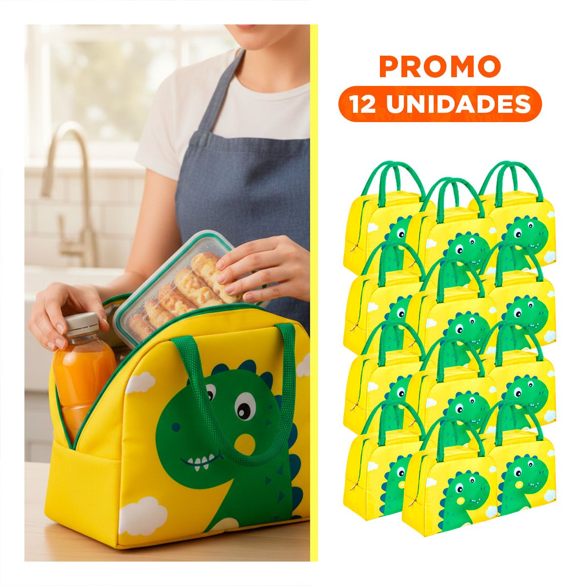 PACK12 PORTA VIANDAS TERMICO LIGERO Y RESISTENTE DINOSAURIO AMARILLO Y+REGALO STICKER - 1