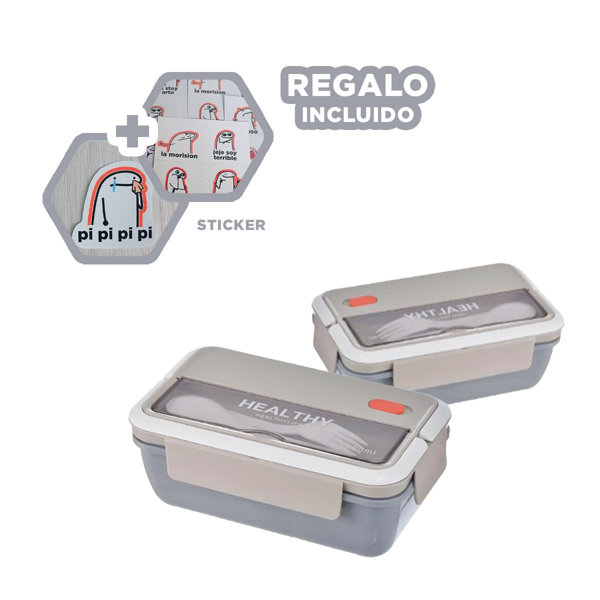 ENVASE SEGURO PARA MANTENER FRESCO LOS ALIMENTOS 1100ML Y CUBIERTOS PLOMO Y+REGALO STICKER - 1