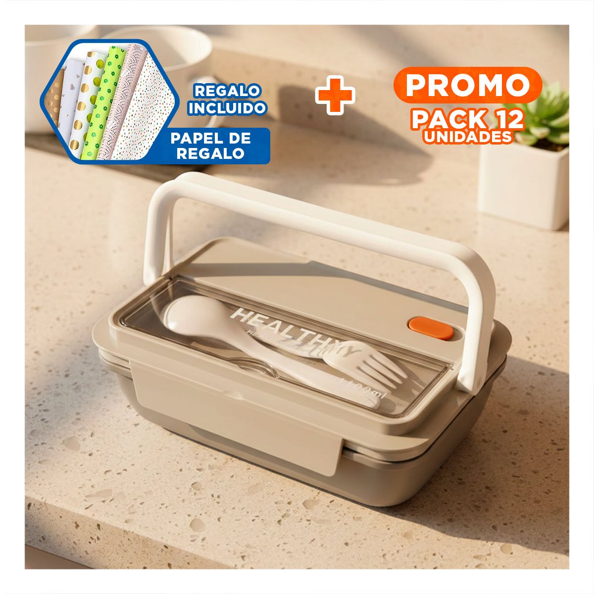 PACK12 CUBETA HERMETICA PARA COCINA ORGANIZADA 1100ML Y CUBIERTOS PLOMO Y+PAPEL REGALO - 1