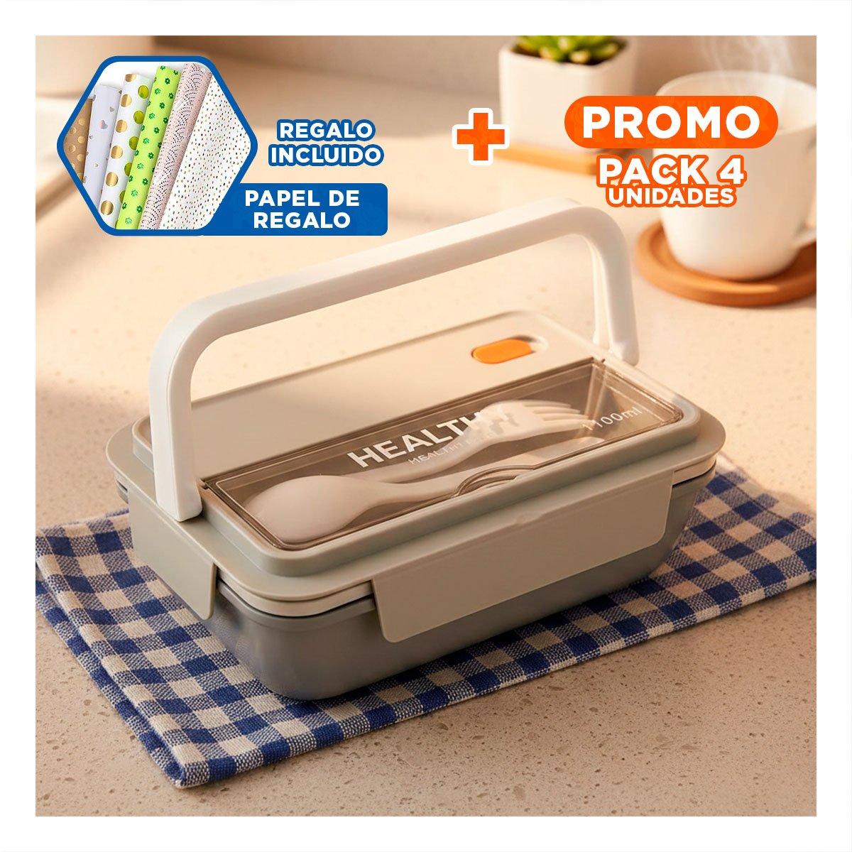 PACK4 CONSERVADOR VERSATIL PARA APILAR Y GUARDAR 1100ML Y CUBIERTOS PLOMO Y+PAPEL REGALO - 1