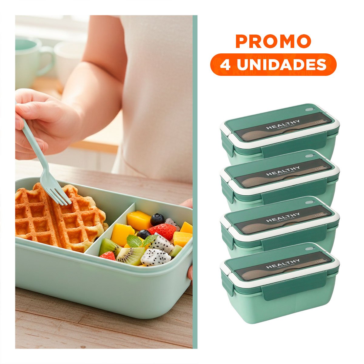 PACK4 CUBETA RECTANGULAR CON CUBIERTOS PARA PICNIC FAMILIAR 1100ML VERDE Y+REGALO STICKER - 1