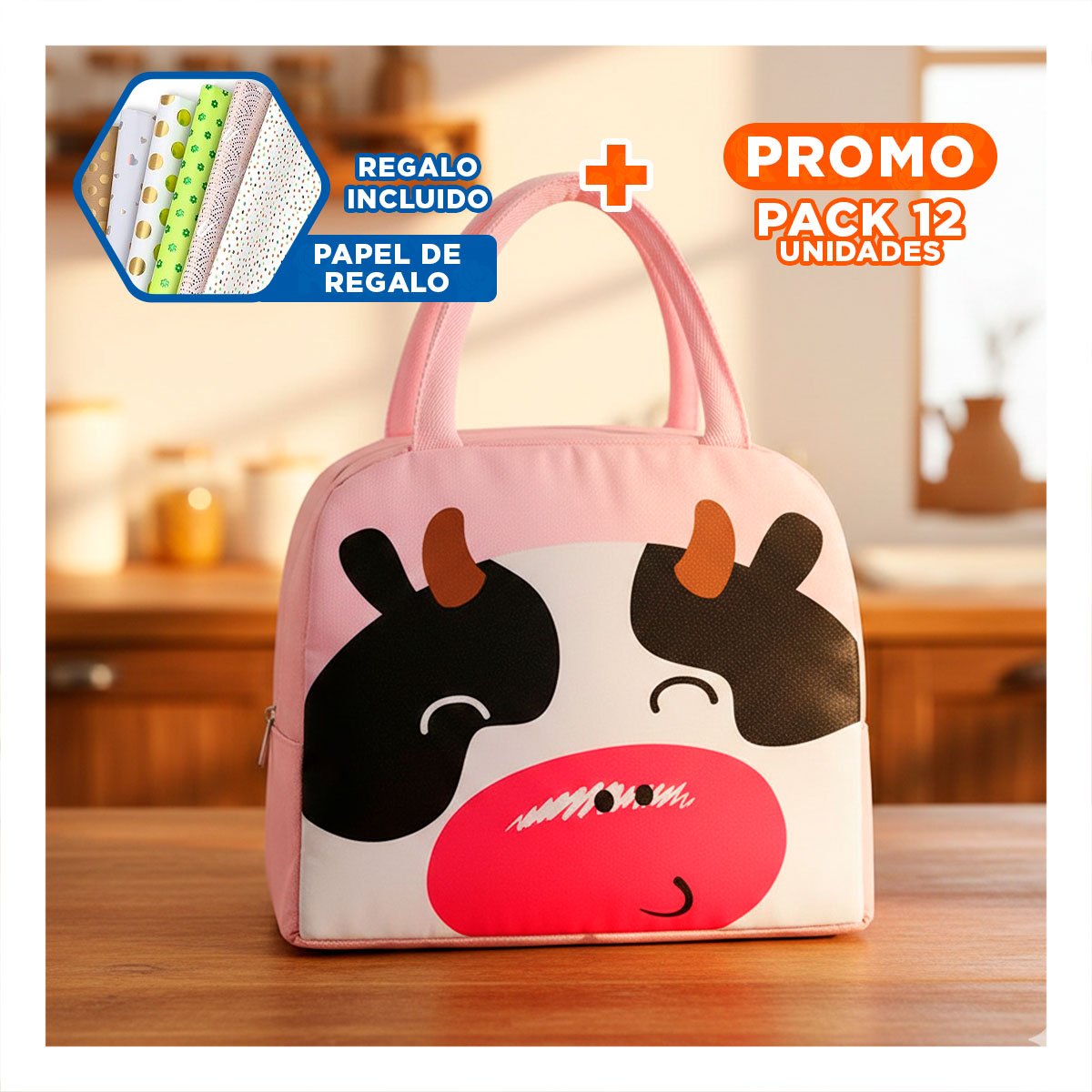 PACK12 ORGANIZADOR TERMICO PRÁCTICO ESTAMPADO DE VACA PARA MERIENDA ROSADO Y+PAPEL REGALO - 1
