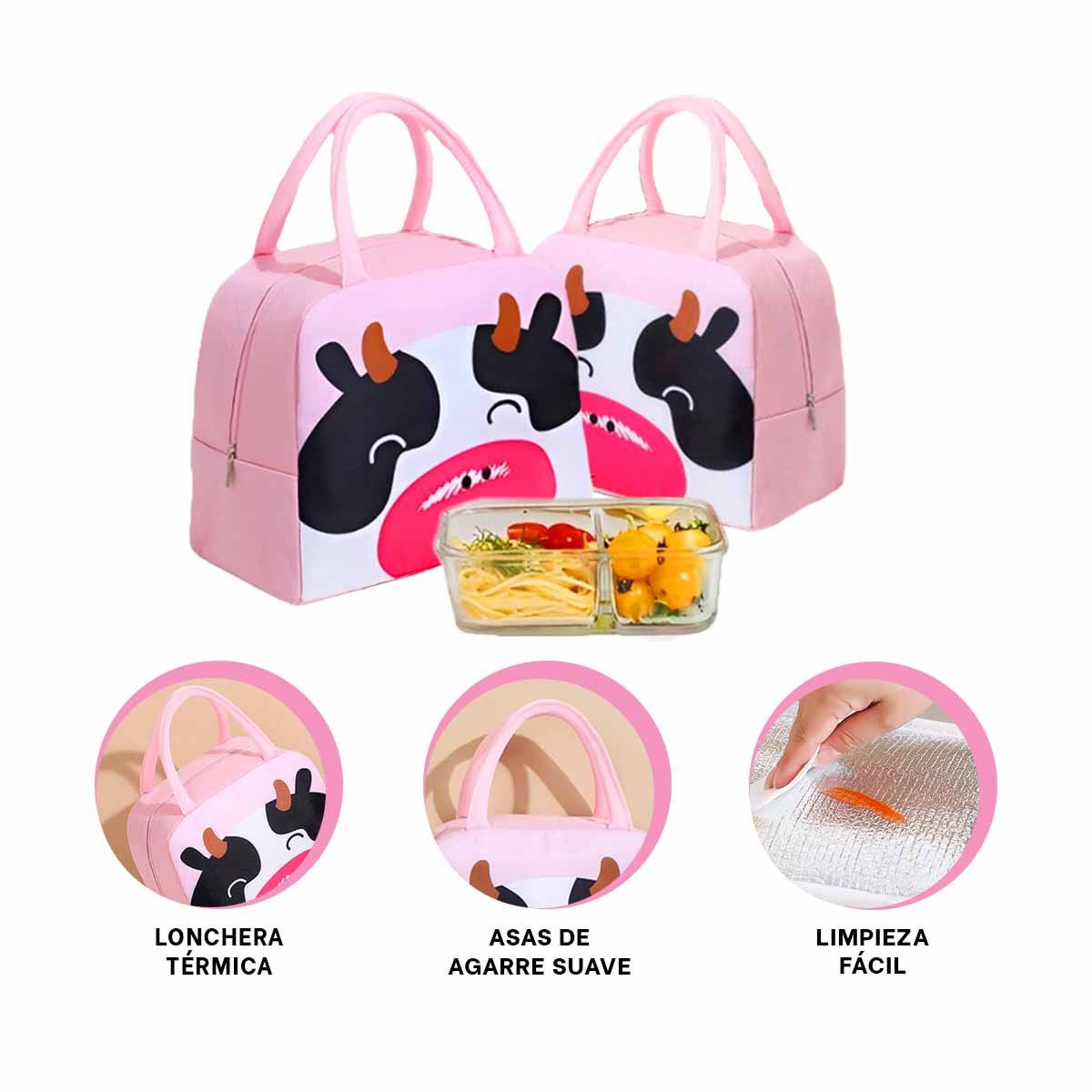 CAJA TERMICA ESTAMPADO DE VACA PARA TRANSPORTE ROSADO - 3