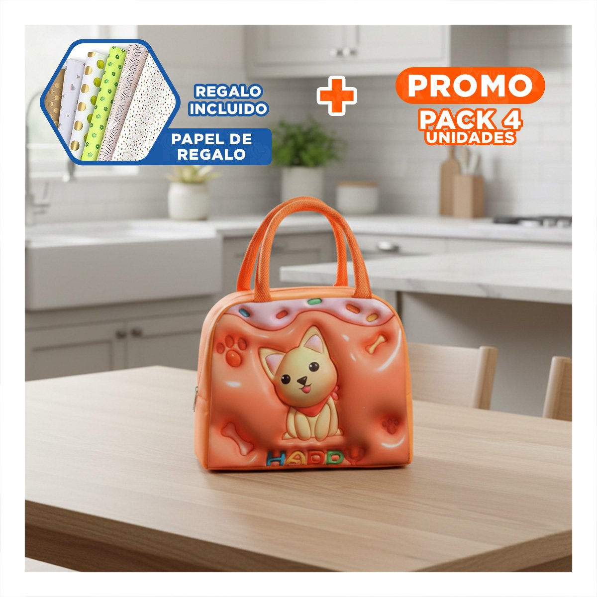 PACK4 CAJA DE ALMUERZO CON IMAGEN ENCANTADORA NARANJA Y+PAPEL REGALO - 1