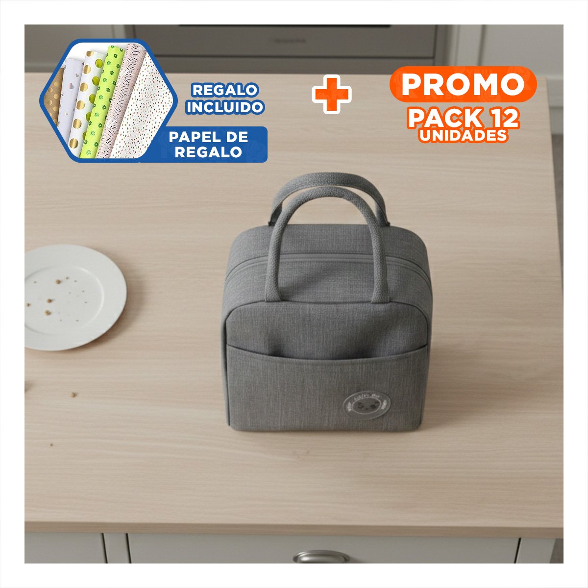 PACK12 PORTA VIANDAS Y BOLSILLO EXTERIOR LIGERO Y PRACTICO PLOMO Y+PAPEL REGALO - 1