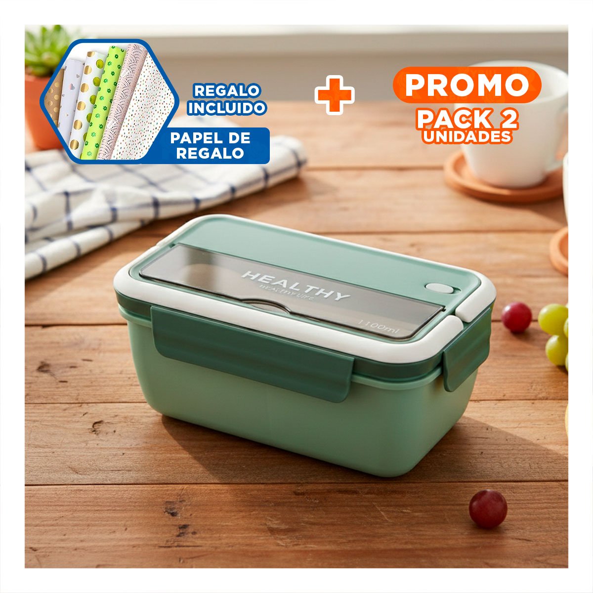 PACK2 CAJA RECTANGULAR CON CUBIERTOS PARA PICNIC ALEGRE 1100ML VERDE Y+PAPEL REGALO - 1