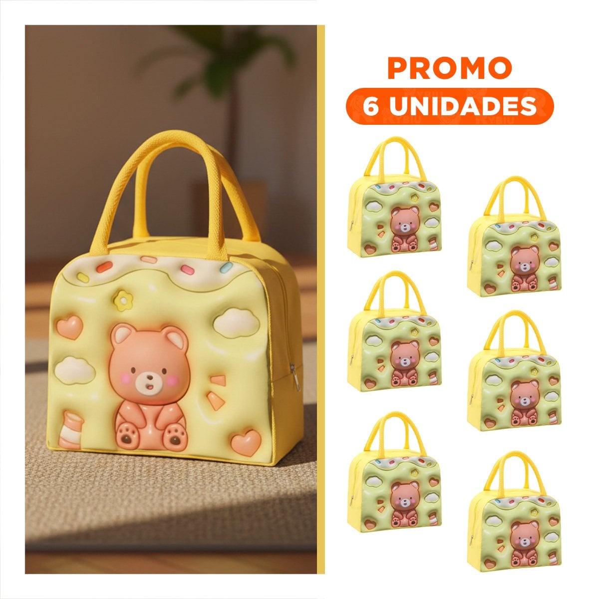 PACK6 LUNCH BOX KAWAII OSO COMODA PARA MOVILIDAD AMARILLO - 1