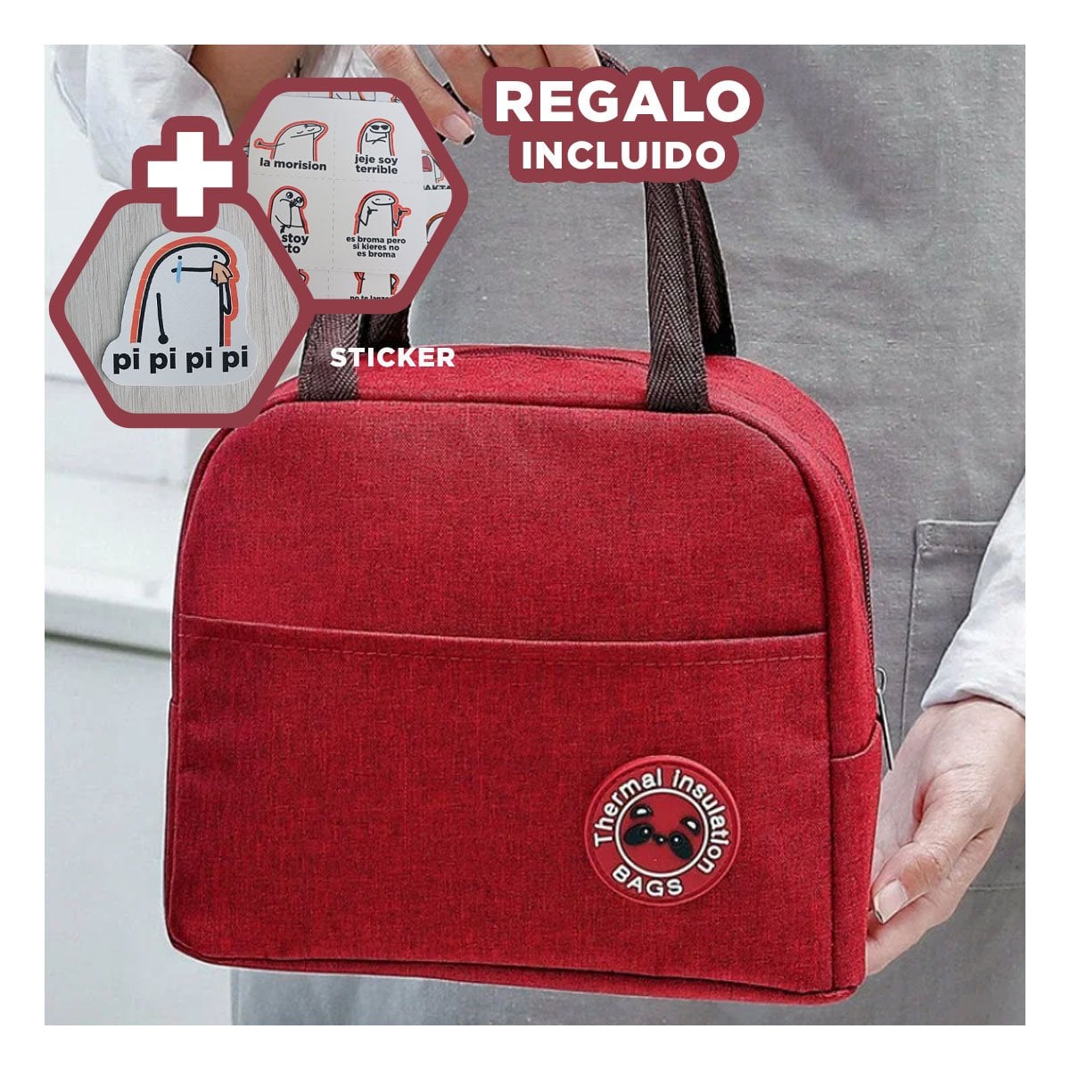 RECIPIENTE ALIMENTICIO TERMICO Y BOLSILLO EXTERIOR CON COMPARTIMENTOS GUINDA Y+REGALO STICKER - 1