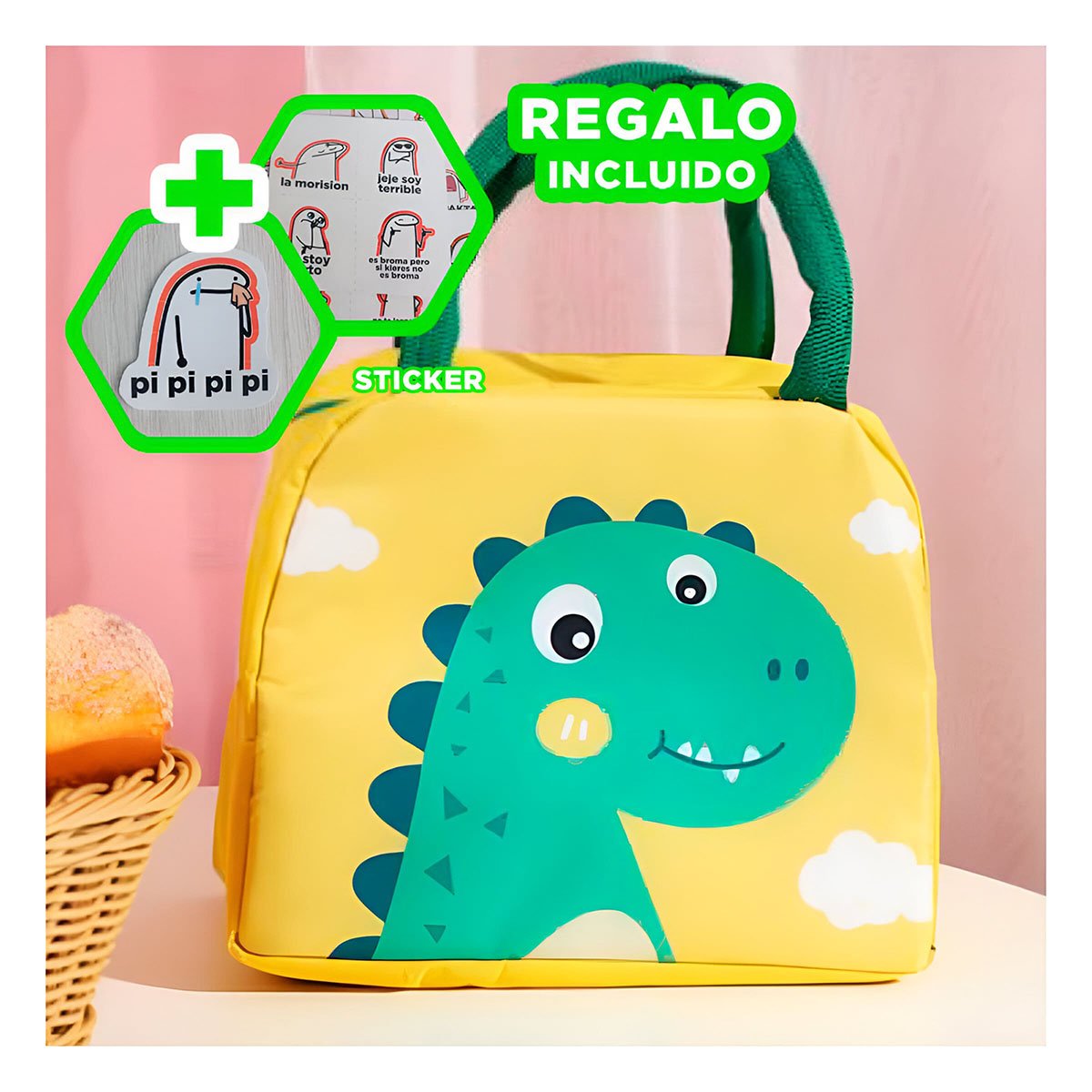 CONTENEDOR DE COMIDA TERMICO FACIL DE ABRIR Y CERRAR DINOSAURIO AMARILLO Y+REGALO STICKER - 1