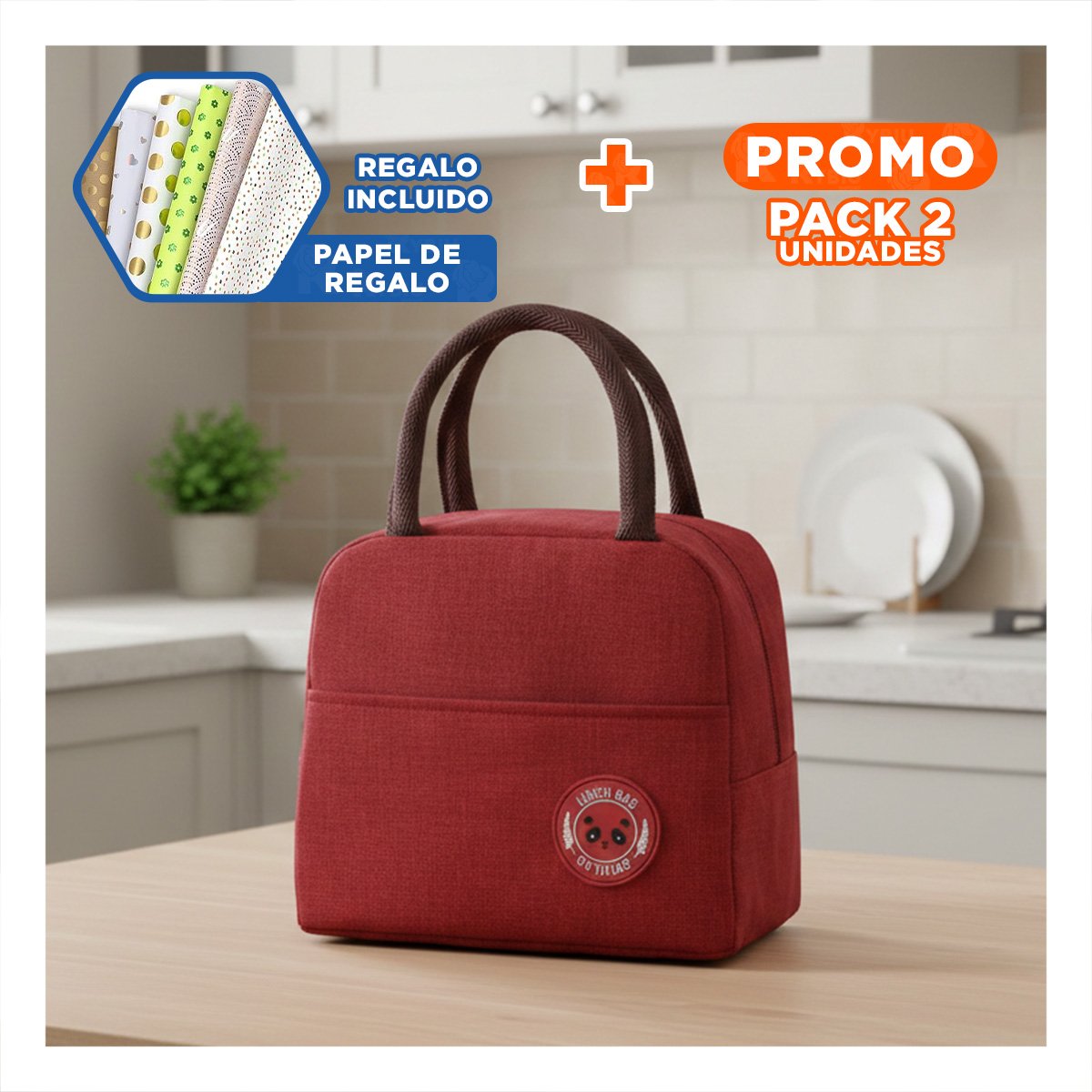 PACK2 LUNCH BOX TERMICA Y BOLSILLO EXTERIOR FACIL DE GUARDAR GUINDA Y+PAPEL REGALO - 1