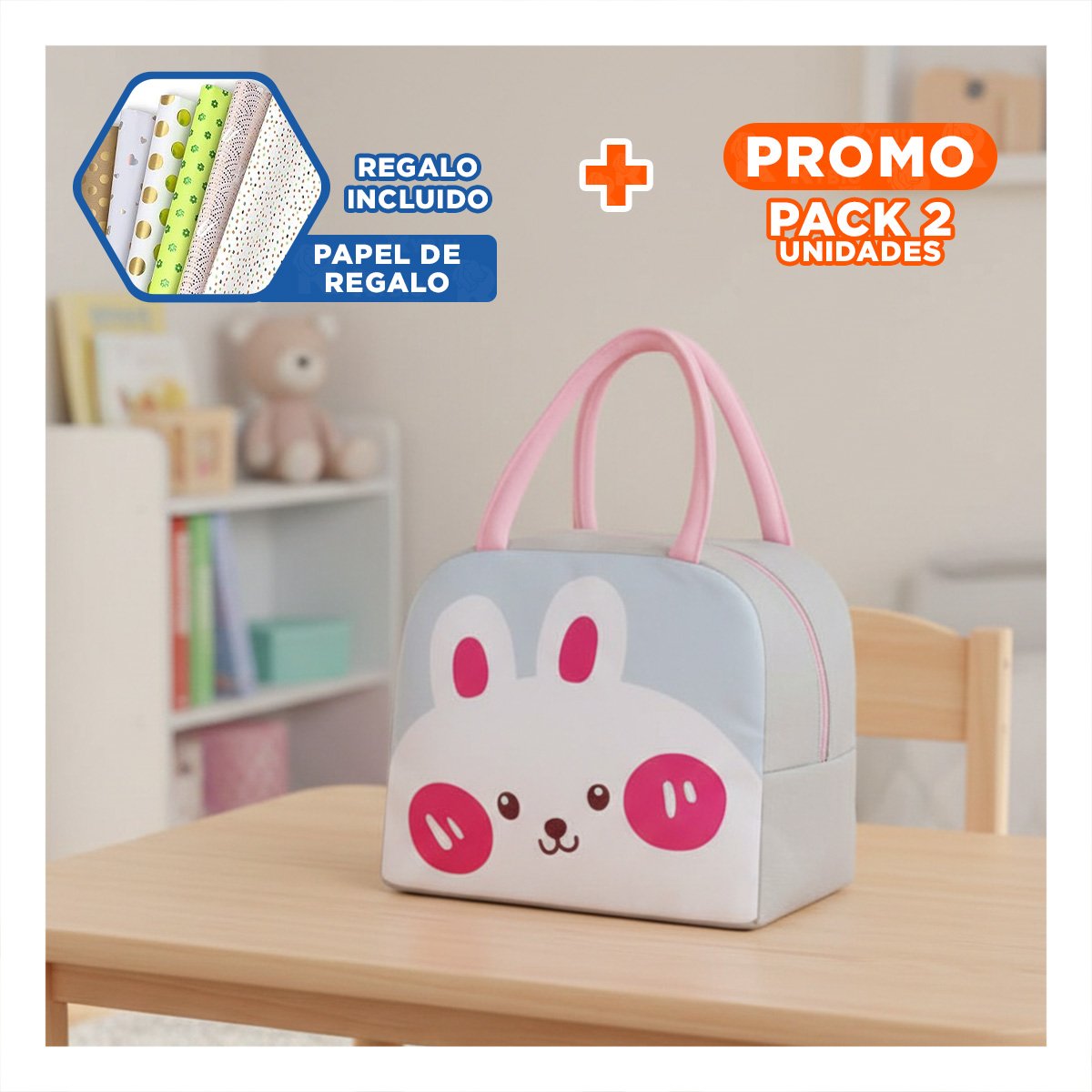 PACK2 LUNCH BOX TERMICA FACIL DE TRANSPORTAR Y GUARDAR CONEJO PLOMO CLARO Y+PAPEL REGALO - 1