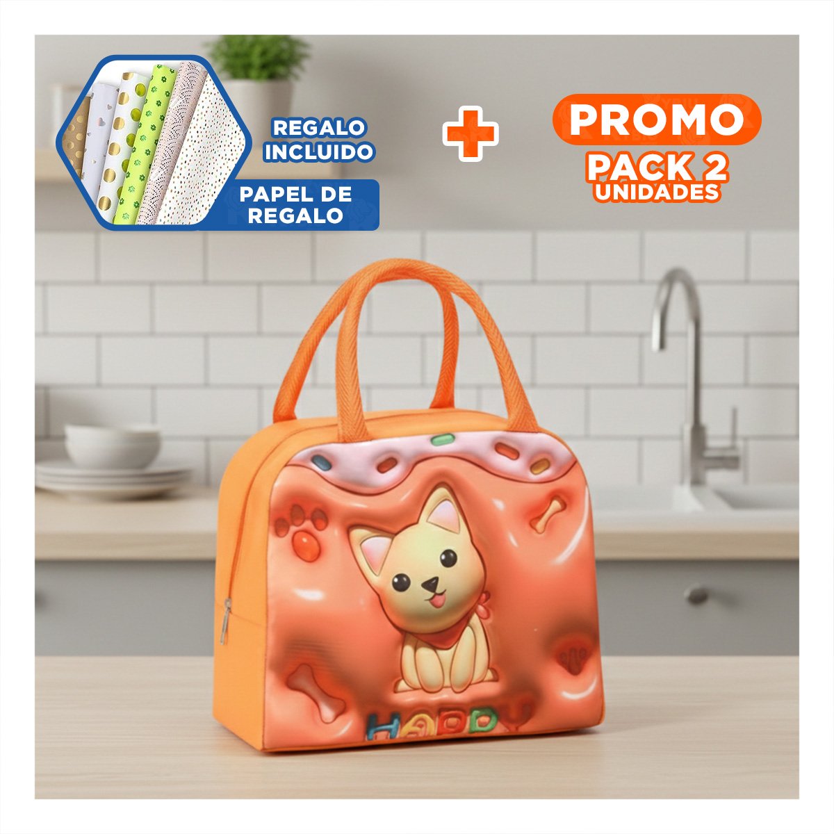 PACK2 CAJA DE ALMUERZO PRACTICA Y COMODA NARANJA Y+PAPEL REGALO - 1