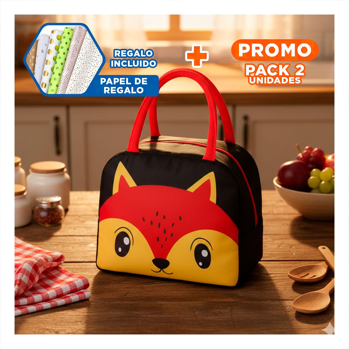 PACK2 ESTUCHE DE COMIDA TERMICO FACIL DE TRANSPORTAR Y USAR ZORRO NEGRO Y+PAPEL REGALO - 1