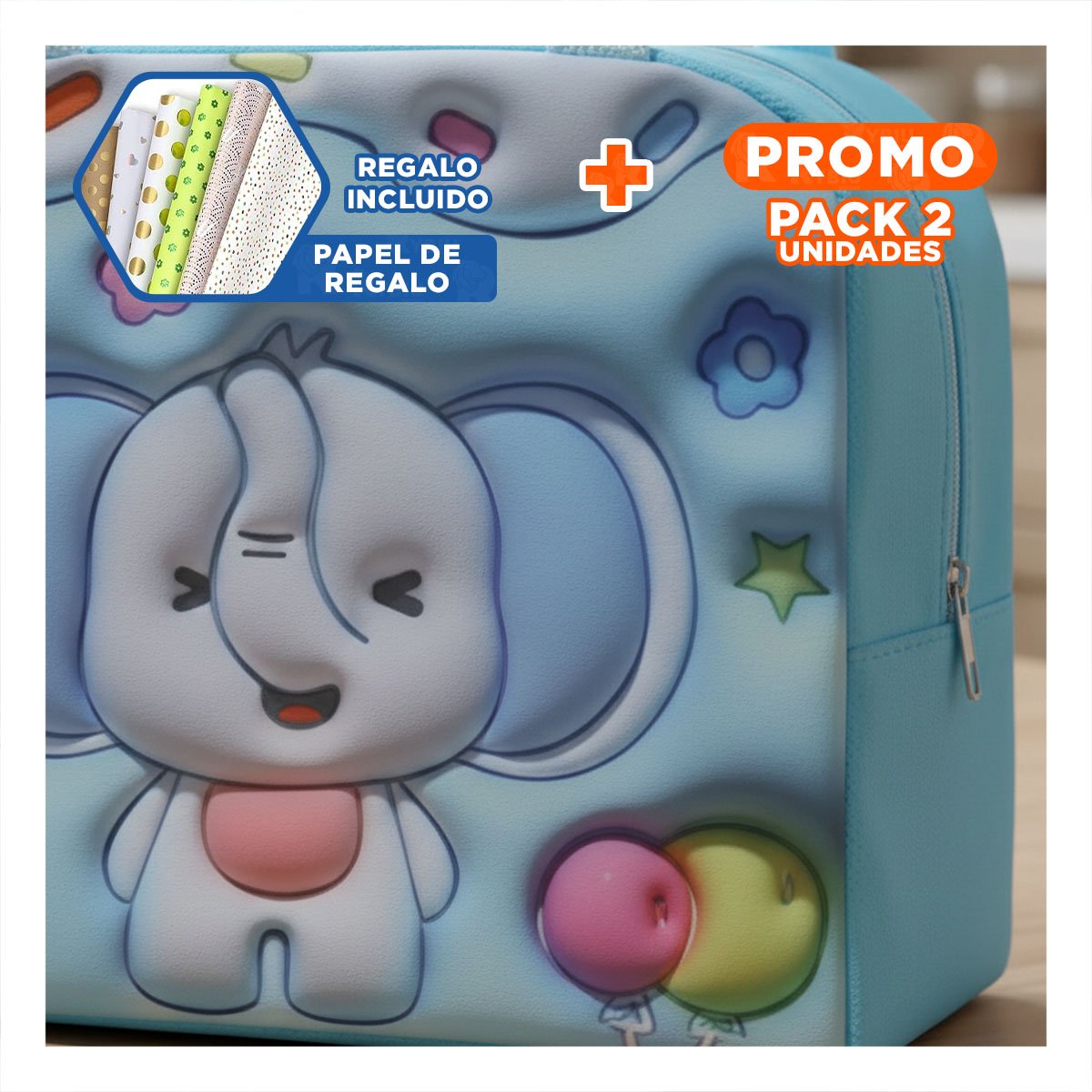 PACK2 RECIPIENTE TERMICO CON ILUSTRACION FRONTAL INFANTIL CELESTE Y+PAPEL REGALO - 1