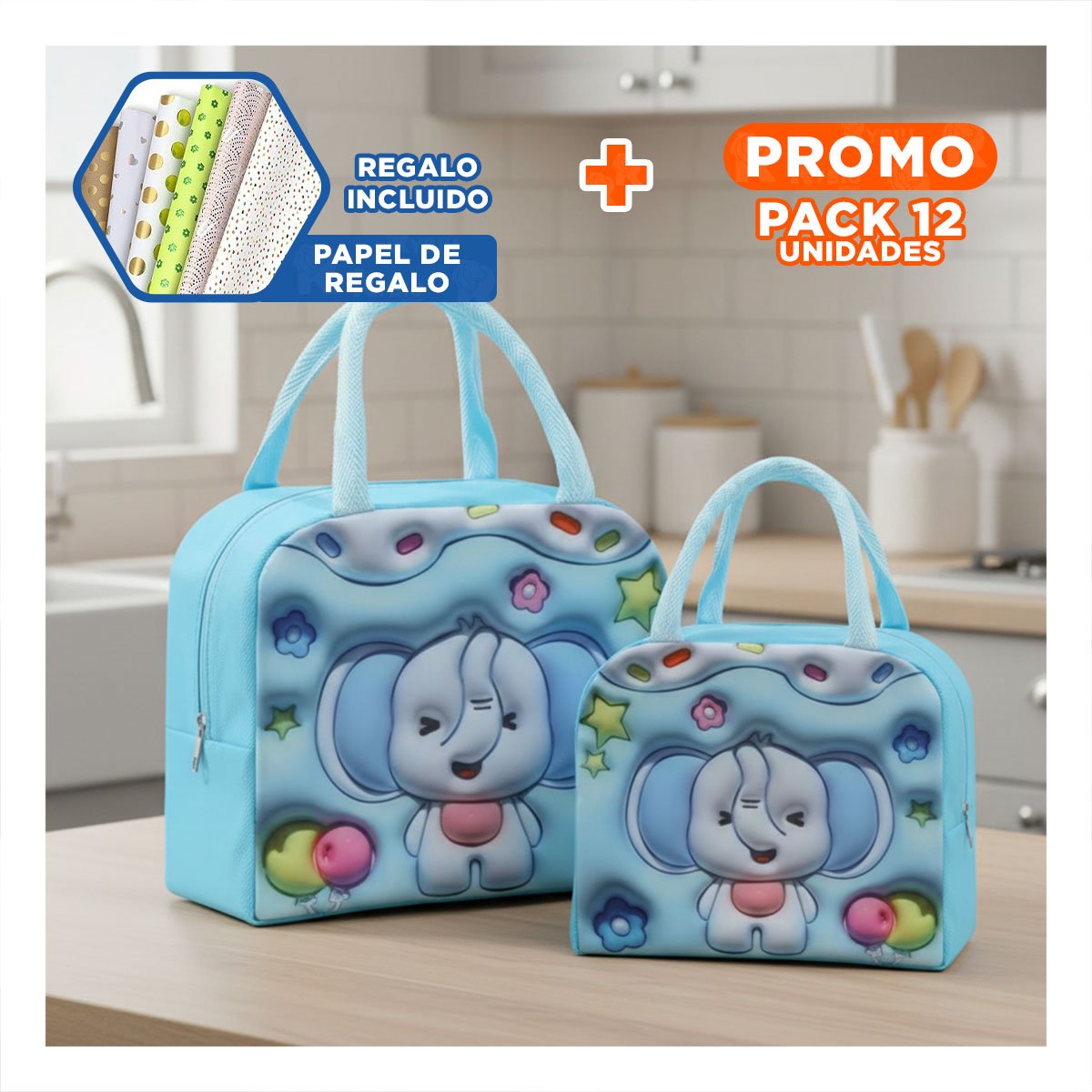 PACK12 ORGANIZADOR TERMICO PRACTICO PARA ALIMENTOS CASEROS CELESTE Y+PAPEL REGALO - 1