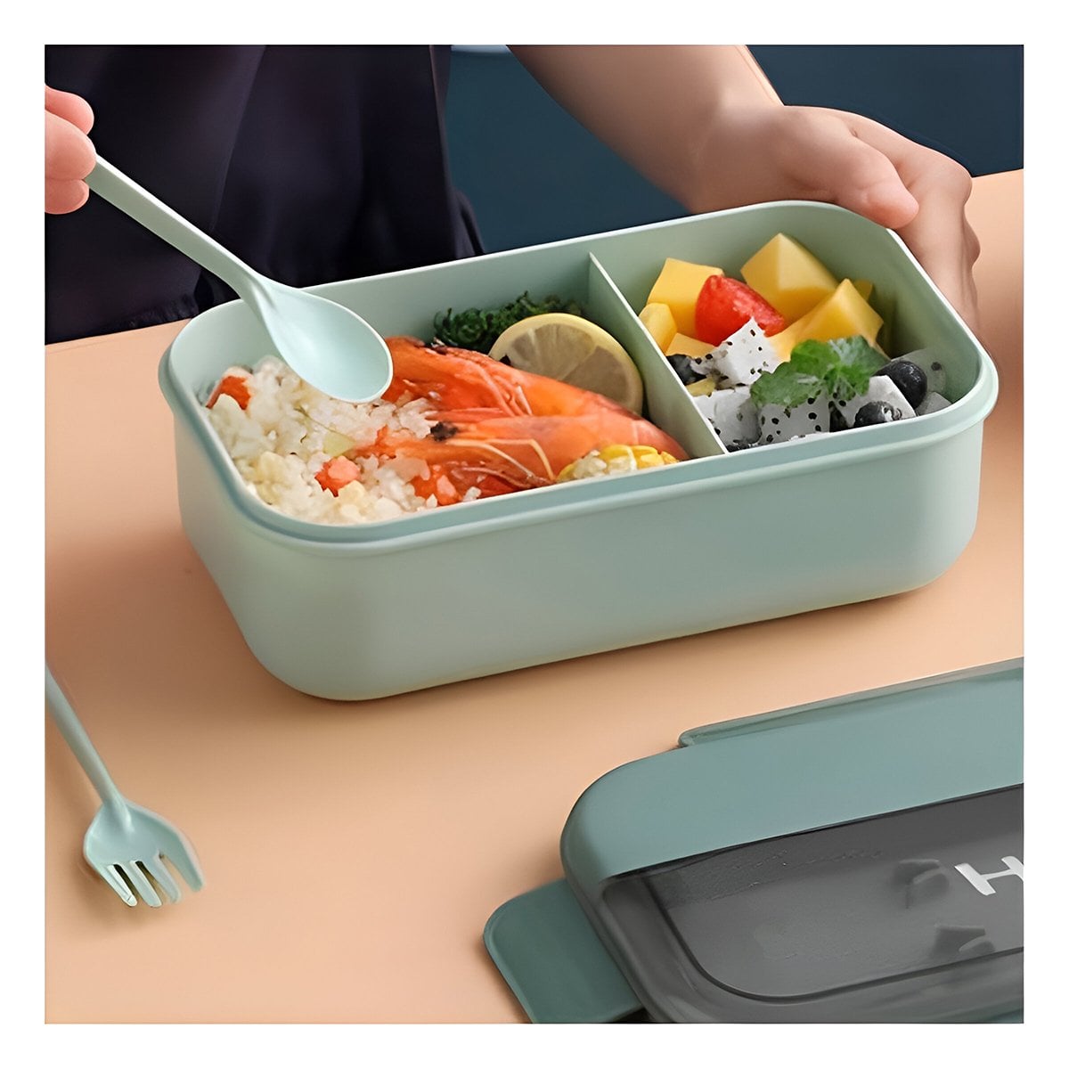PACK2 CAJA RECTANGULAR CON CUBIERTOS PARA GUARDAR SNACKS 1100ML VERDE Y+REGALO STICKER - 5