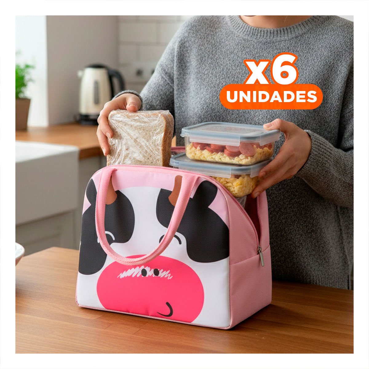 PACK6 LUNCH BOX TERMICA DE VACA CON CIERRE SEGURO ROSADO Y+REGALO STICKER - 1