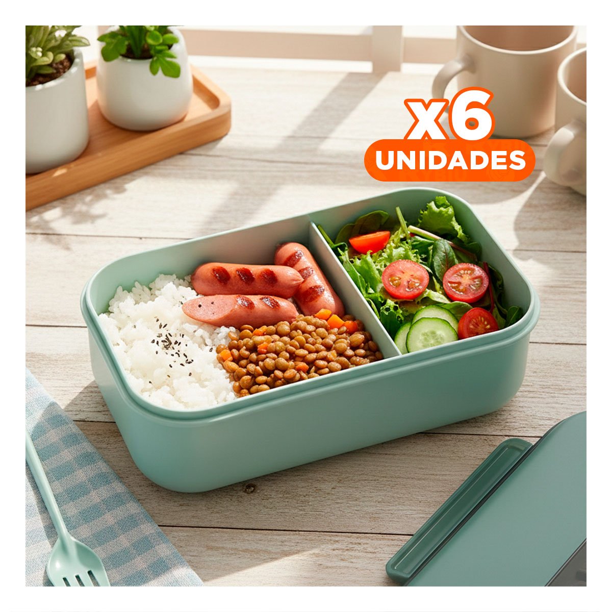 PACK6 CUBETA RECTANGULAR CON CUBIERTOS PARA MERIENDAS DIVERTIDAS 1100ML VERDE Y+REGALO STICKER - 1