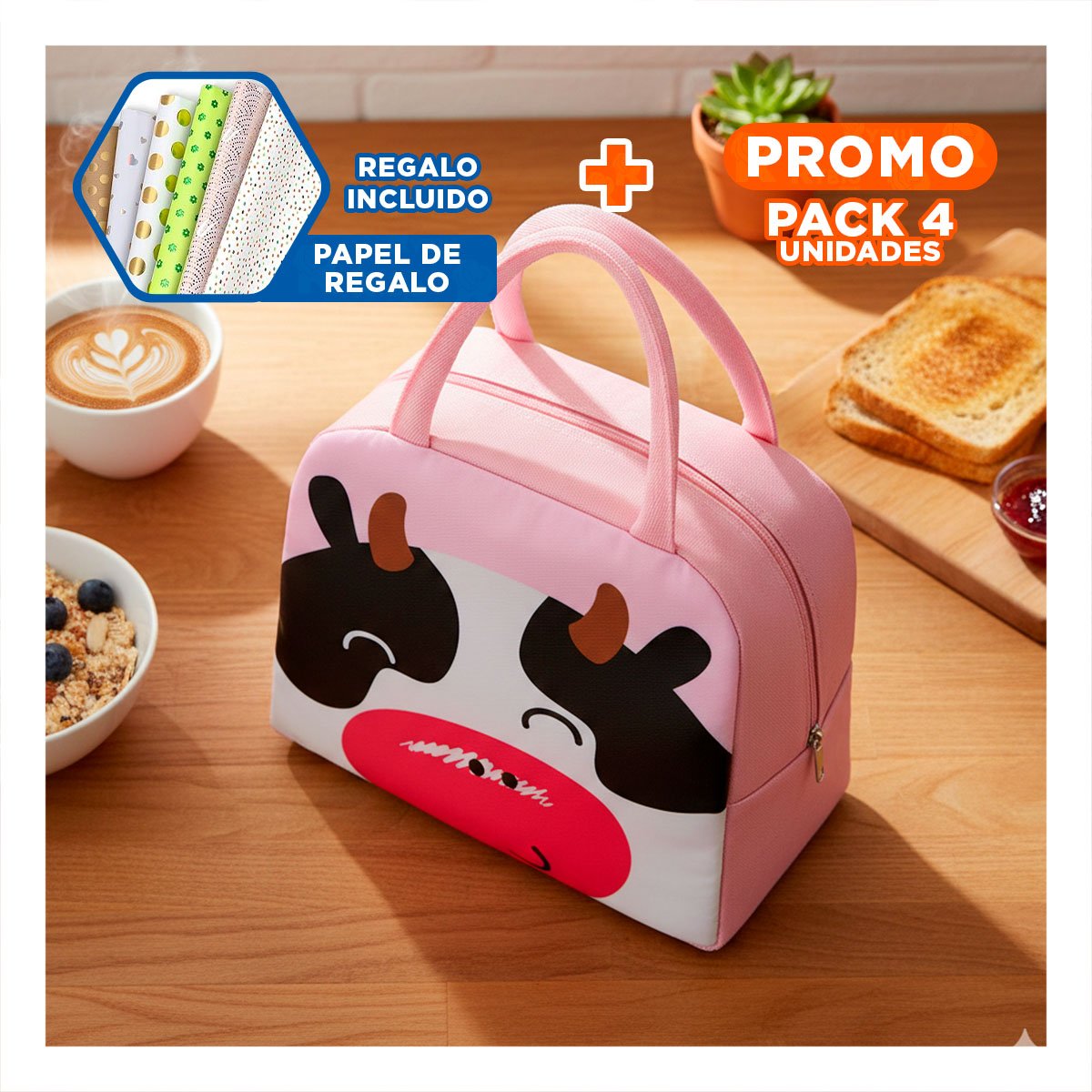 PACK4 PORTA ALIMENTOS TERMICO COMPACTO ESTAMPADO DE VACA PARA PICNIC ROSADO Y+PAPEL REGALO - 1