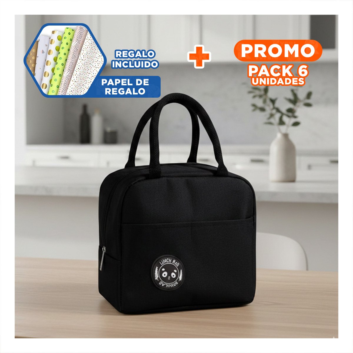 PACK6 ENVASE DE COMIDA Y BOLSILLO EXTERIOR FACIL DE LLEVAR NEGRO Y+PAPEL REGALO - 1