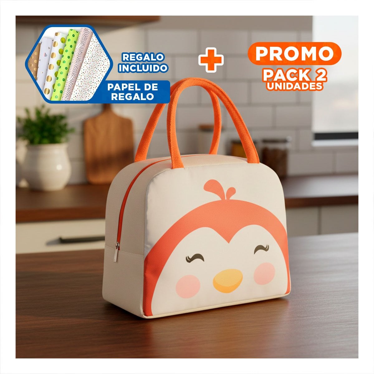 PACK2 ESTUCHE DE COMIDA TERMICO FACIL DE GUARDAR EN MOCHILAS PINGUINO BEIGE Y+PAPEL REGALO - 1