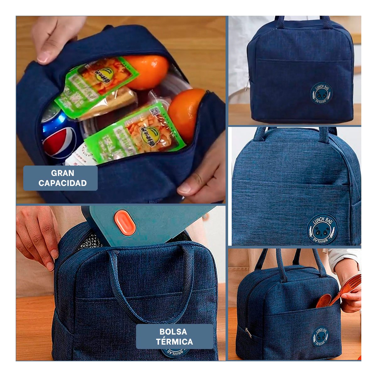 PORTA ALIMENTOS TERMICO COMPACTO CON BOLSILLO EXTERIOR ETIQUETA OSO AZUL MARINO Y+POST IT - 5