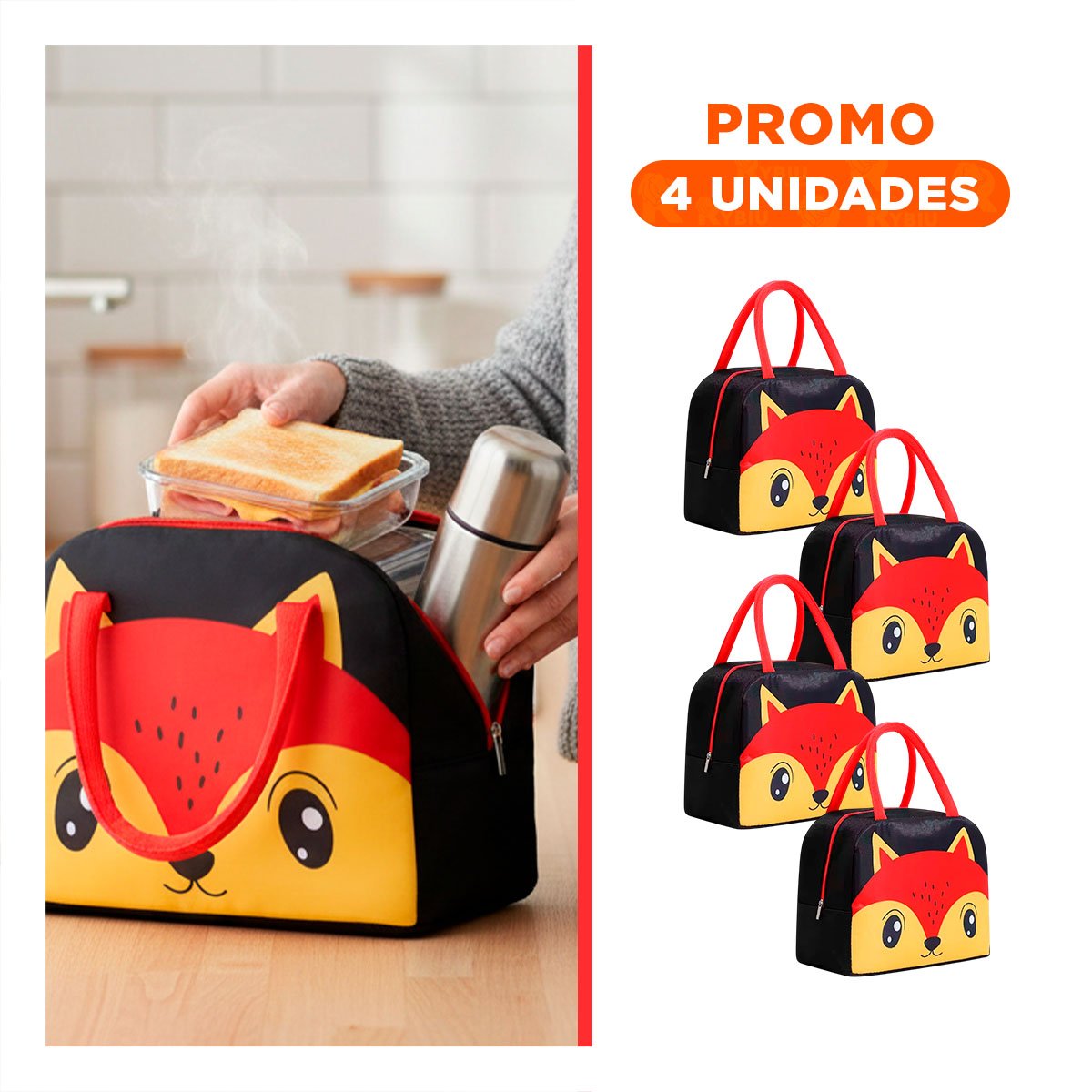 PACK4 LUNCH BOX TERMICA MANTIENE COMIDAS CALIENTES Y FRESCAS ZORRO NEGRO Y+REGALO STICKER - 1
