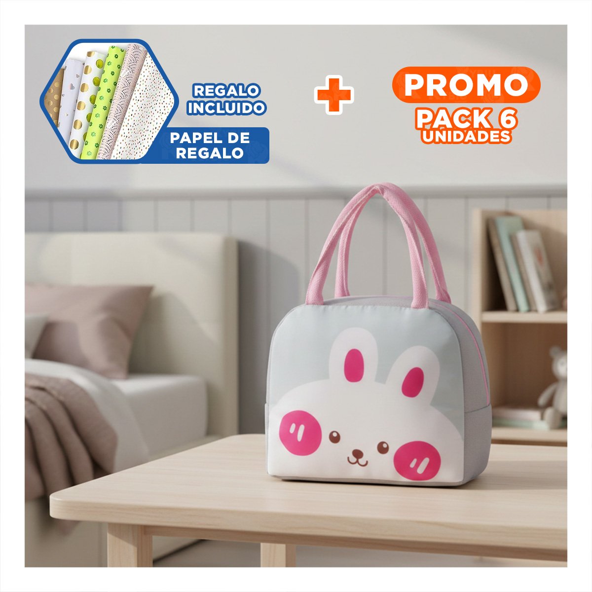 PACK6 RECIPIENTE ALIMENTICIO TERMICO CON COMPARTIMENTOS CONEJO PLOMO CLARO Y+PAPEL REGALO - 1