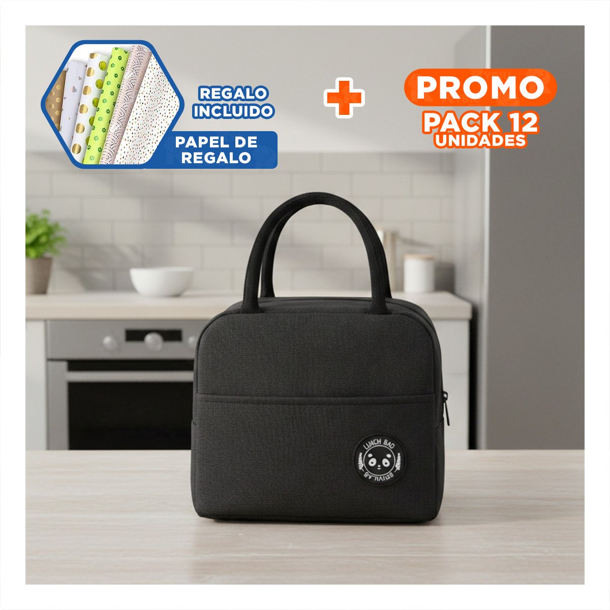 PACK12 PORTA VIANDAS Y BOLSILLO EXTERIOR LIGERO Y PRACTICO NEGRO Y+PAPEL REGALO - 1
