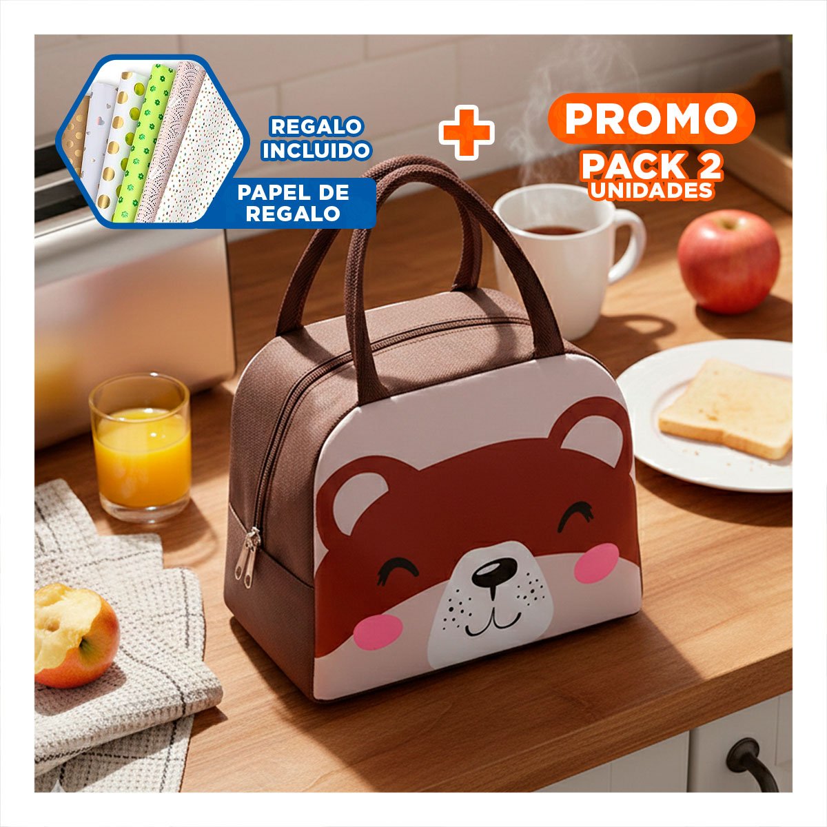 PACK2 ESTUCHE TERMICO PARA LLEVAR SNACKS Y BEBIDAS OSO MARRON Y+PAPEL REGALO - 1