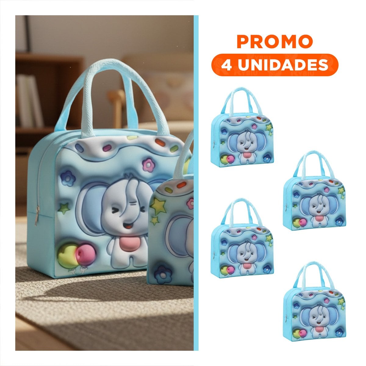 PACK4 LUNCH BOX TERMICA KAWAII ELEFANTE PARA COMIDAS ESCOLARES CELESTE Y+REGALO STICKER - 1