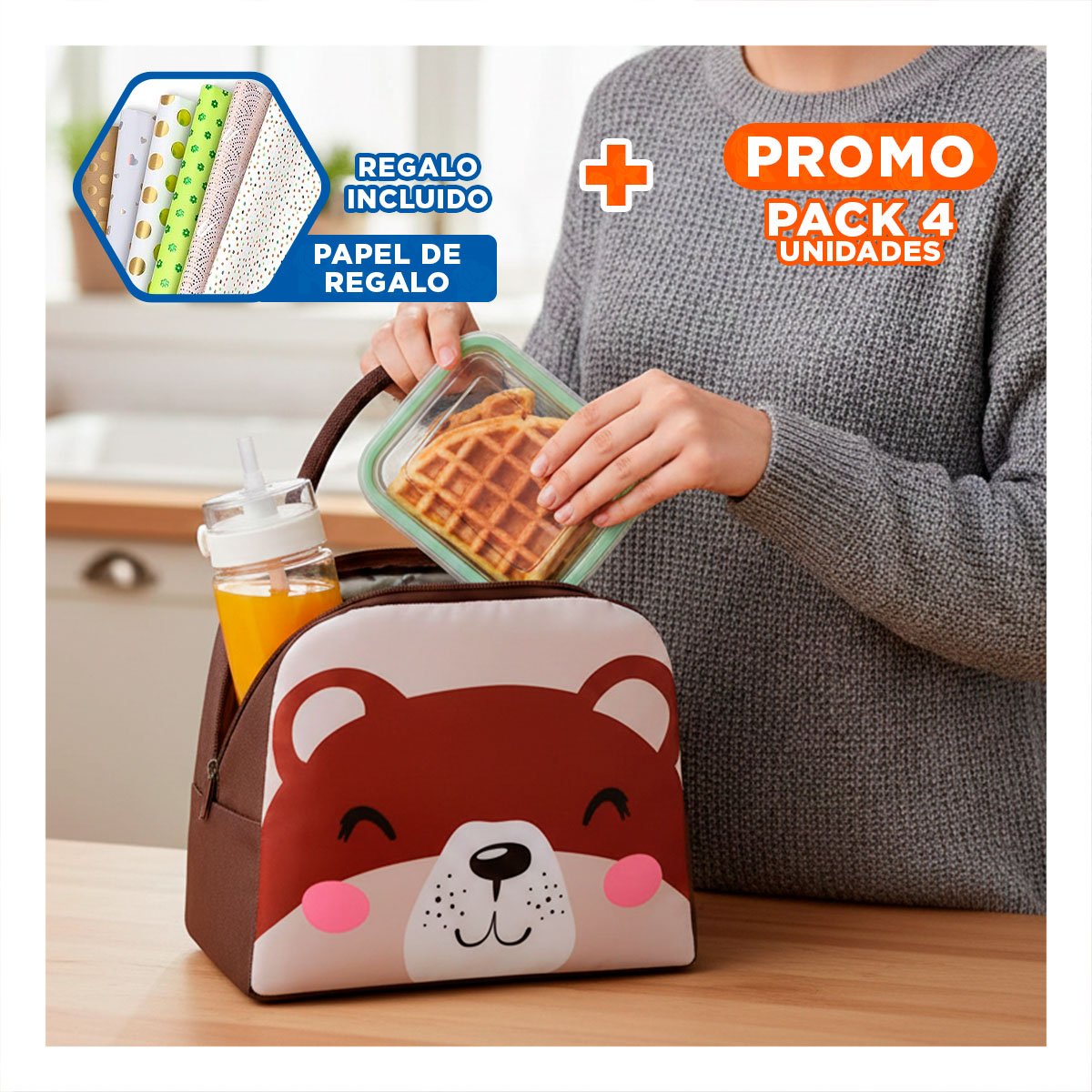 PACK4 ESTUCHE TERMICO CON COMPARTIMENTOS INTERNOS Y ASA OSO MARRON Y+PAPEL REGALO - 1