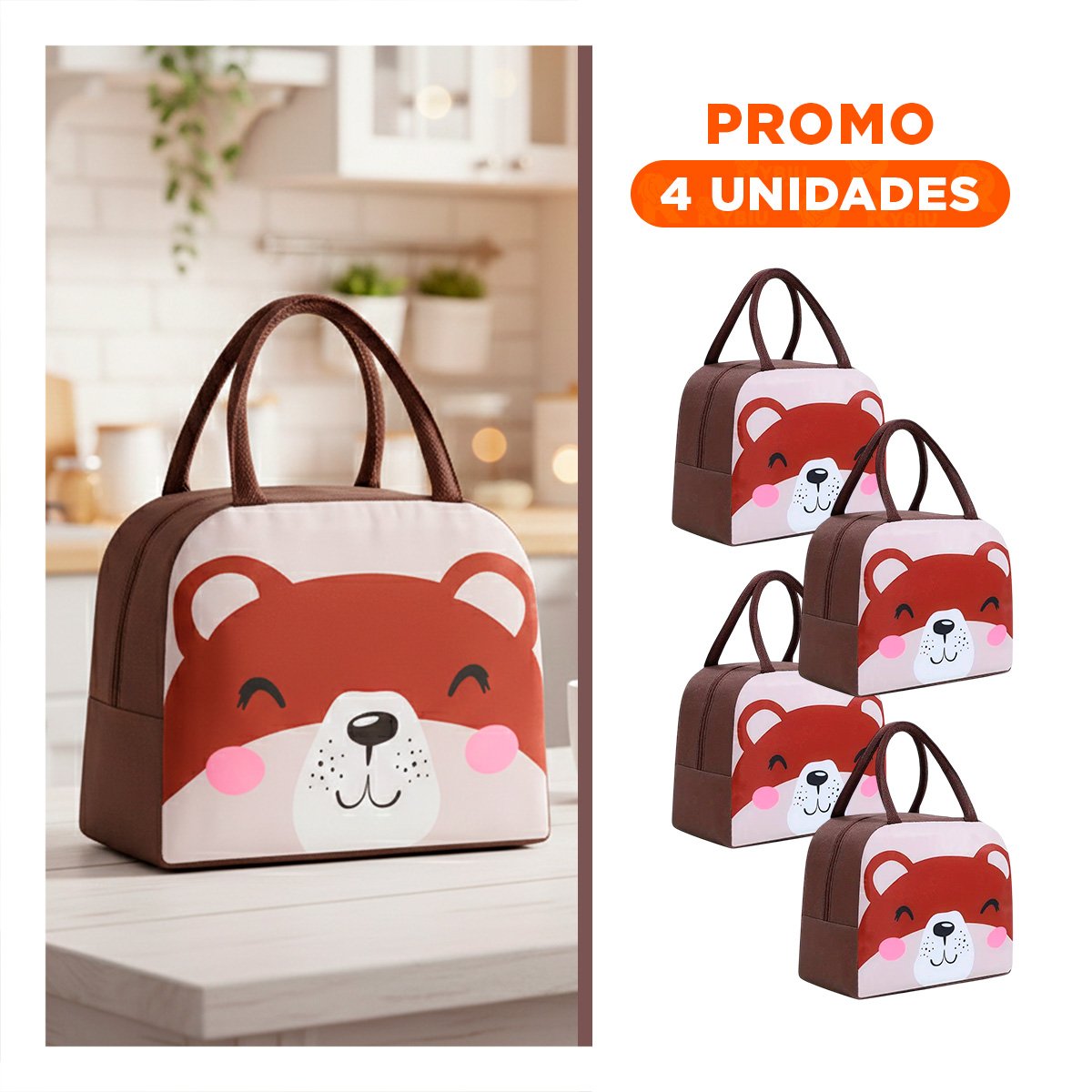 PACK4 RECIPIENTE TERMICO CON COMPARTIMENTOS Y TAPA HERMETICA OSO MARRON Y+REGALO STICKER - 1