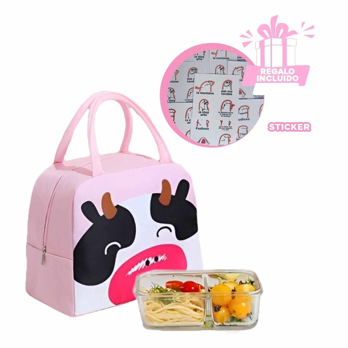 CAJA TERMICA PRÁCTICA ESTAMPADO DE VACA PARA ALIMENTOS ROSADO Y+REGALO STICKER - 1