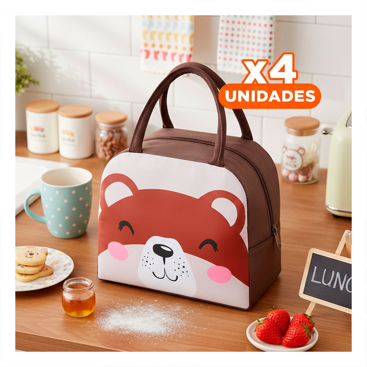 PACK4 ESTUCHE TERMICO PARA NIÑOS Y ADULTOS CON DISEÑO DIVERTIDO OSO MARRON - 1