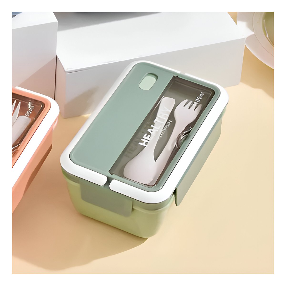 PACK2 CAJA RECTANGULAR CON CUBIERTOS PARA LONCHERA 1100ML VERDE - 2