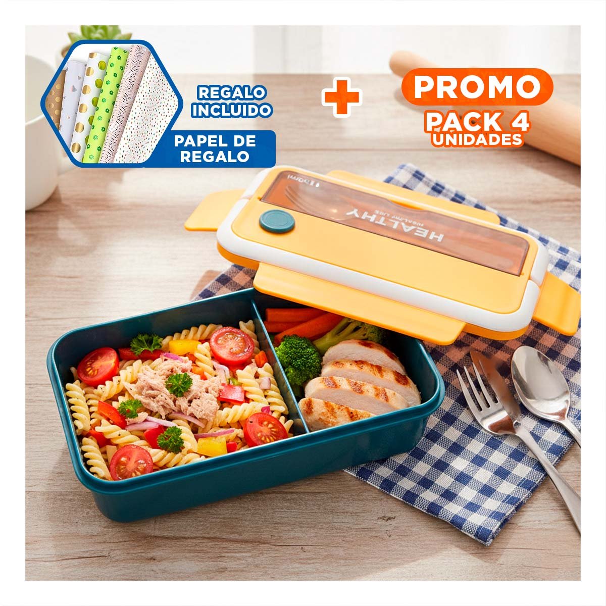 PACK4 CAJA CON CUBIERTOS PARA PICNIC Y COMIDAS SALUDABLES 1100ML AMARILLO Y AZUL Y+PAPEL REGALO - 1