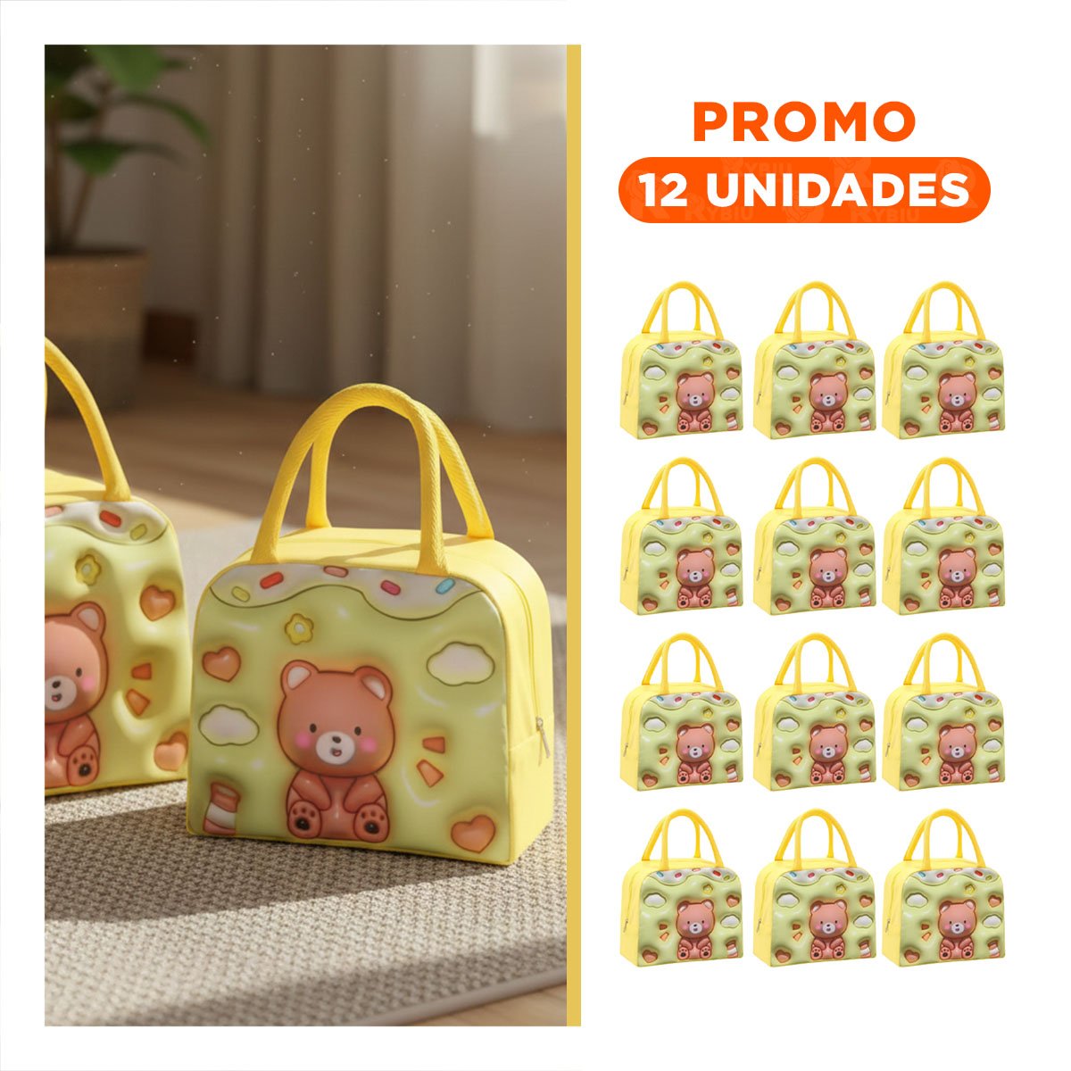 PACK12 MALETIN KAWAII OSO TAMANO IDEAL PARA TRABAJO AMARILLO Y+REGALO STICKER - 1