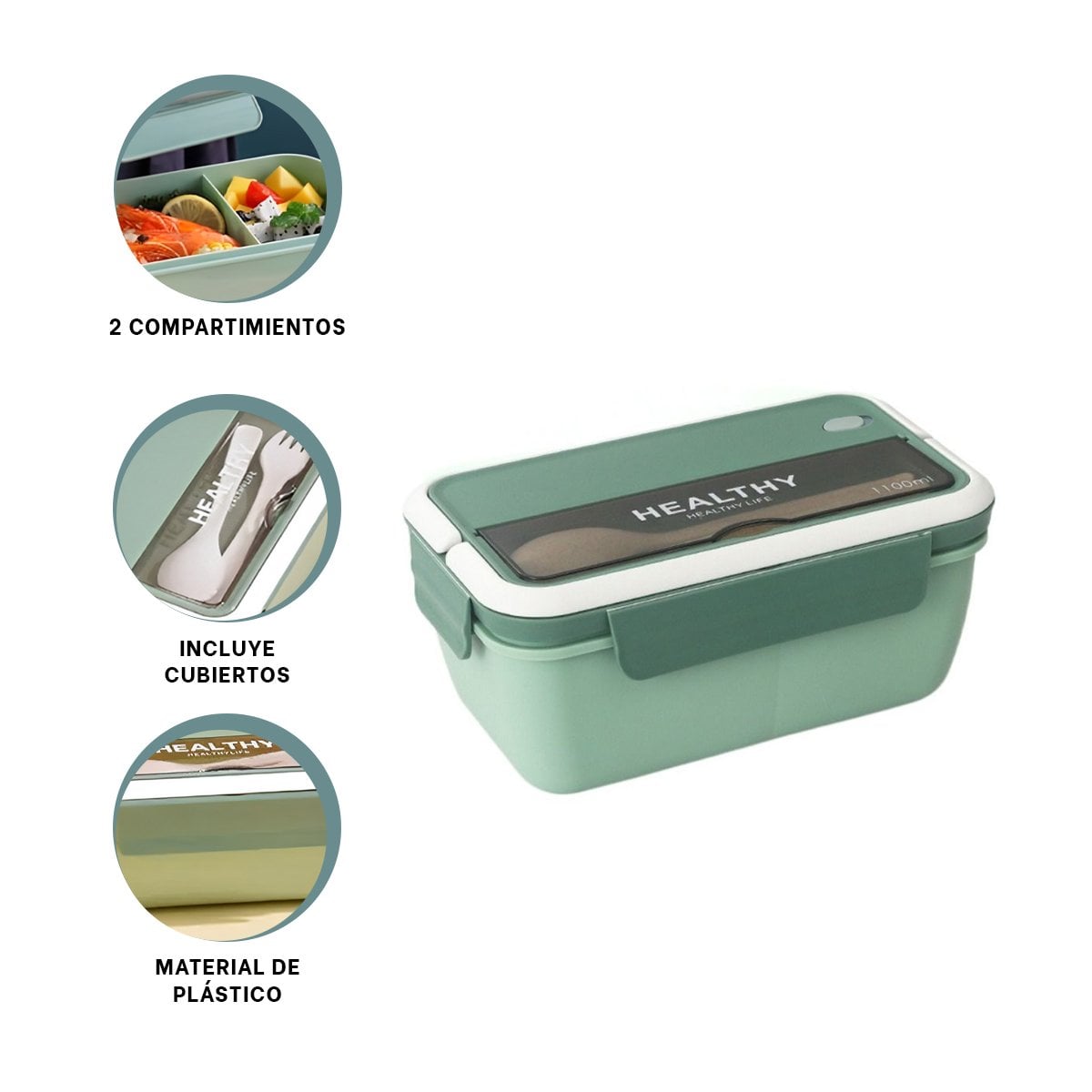 ENVASE RECTANGULAR CON CUBIERTOS PARA PICNIC ESCOLAR 1100ML VERDE - 3