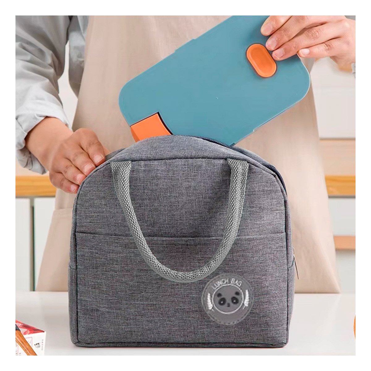 CONTENEDOR DE COMIDA Y BOLSILLO EXTERIOR CON ESPACIO FRONTAL PLOMO Y+PAPEL REGALO - 5