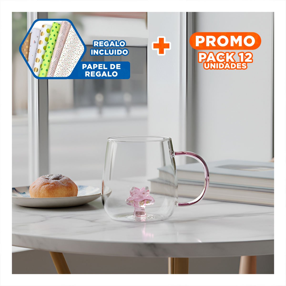 PACK12 CONTENEDOR CON FIGURA ROSADA INTERIOR Y CUERPO CLARO 350 ML TRANSPARENTE Y+PAPEL REGALO - 1