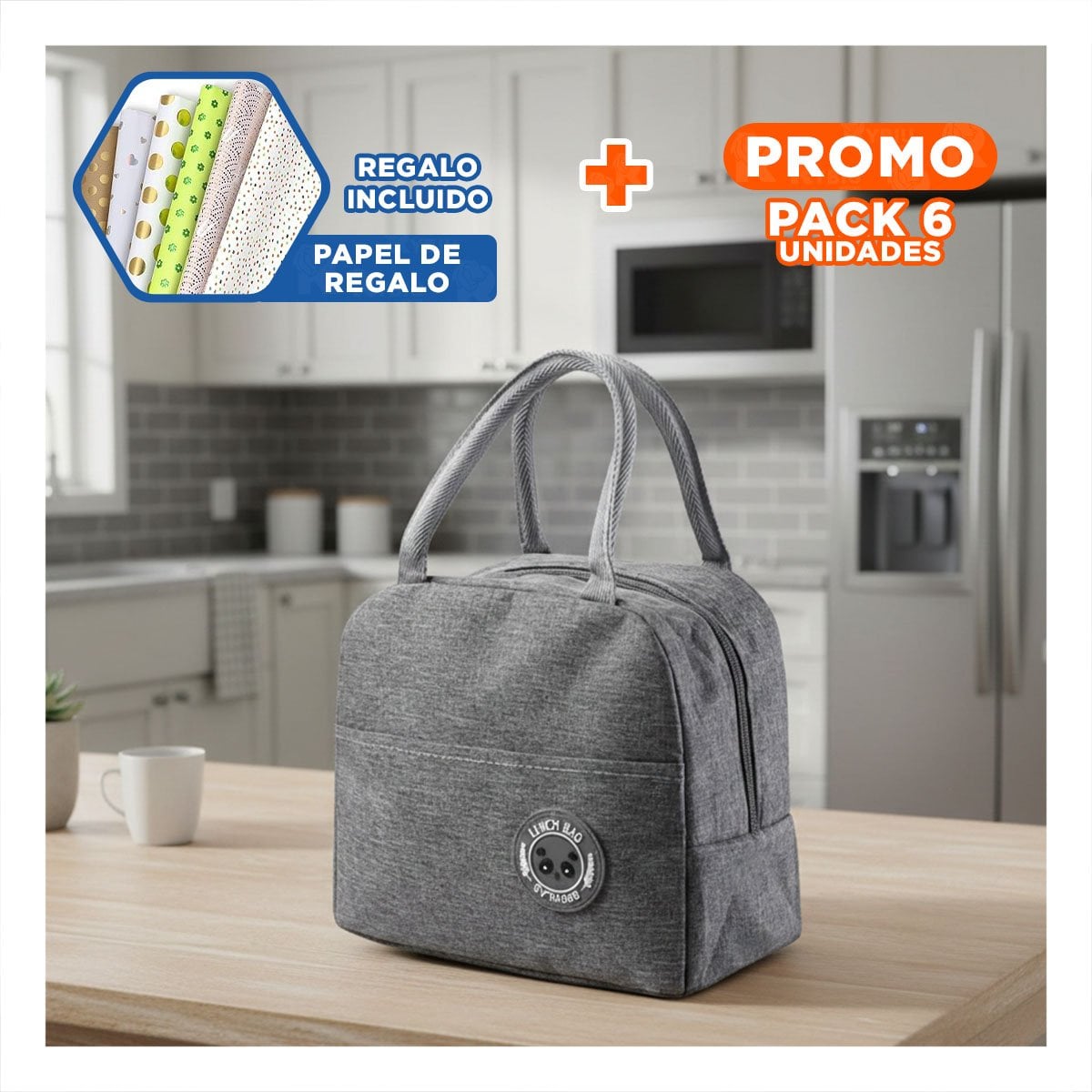PACK6 LUNCH BOX Y BOLSILLO EXTERIOR CON ESPACIO EXTRA PLOMO Y+PAPEL REGALO - 1