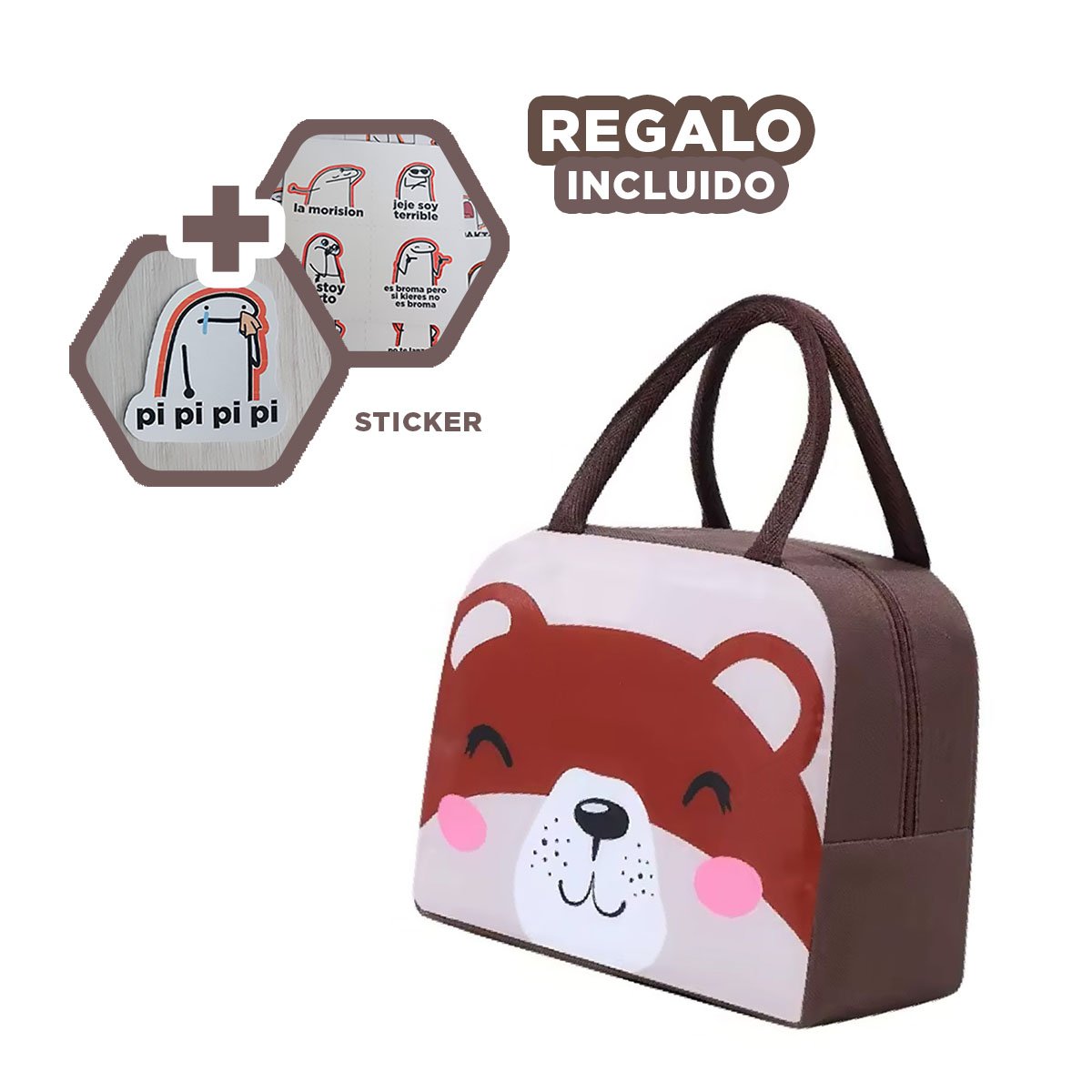 FIAMBRERA TERMICA CON BOLSILLO LATERAL Y DISEÑO DIVERTIDO OSO MARRON Y+REGALO STICKER - 1