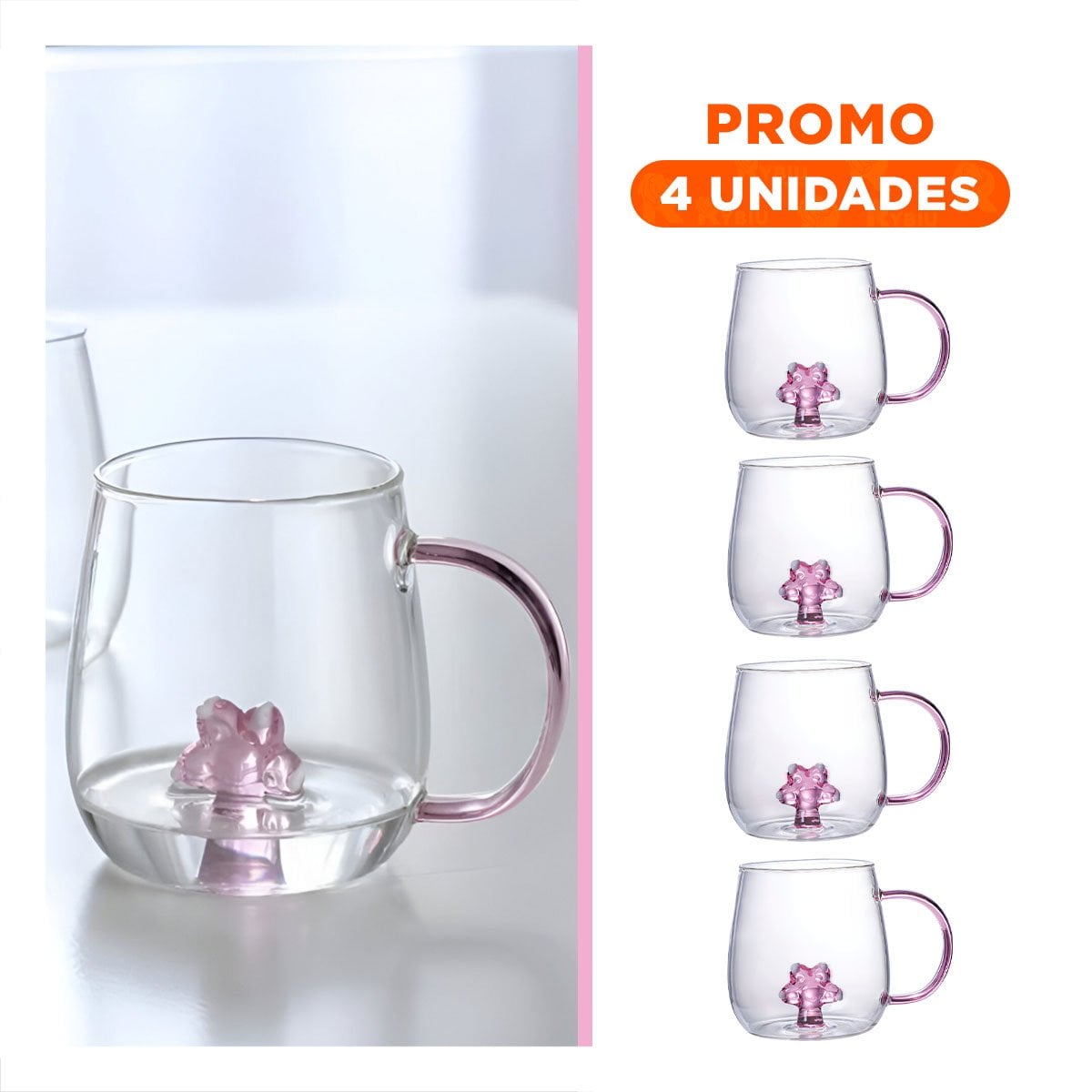 PACK4 MUG PARA BEBIDAS CALIENTES CON ASA ROSADA TRANSPARENTE 350 ML Y+REGALO STICKER - 1