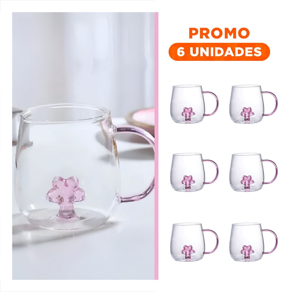 PACK6 MUG PARA REFRESCOS CON ASA COMODA ROSADA TRANSPARENTE 350 ML Y+PAPEL REGALO - 1