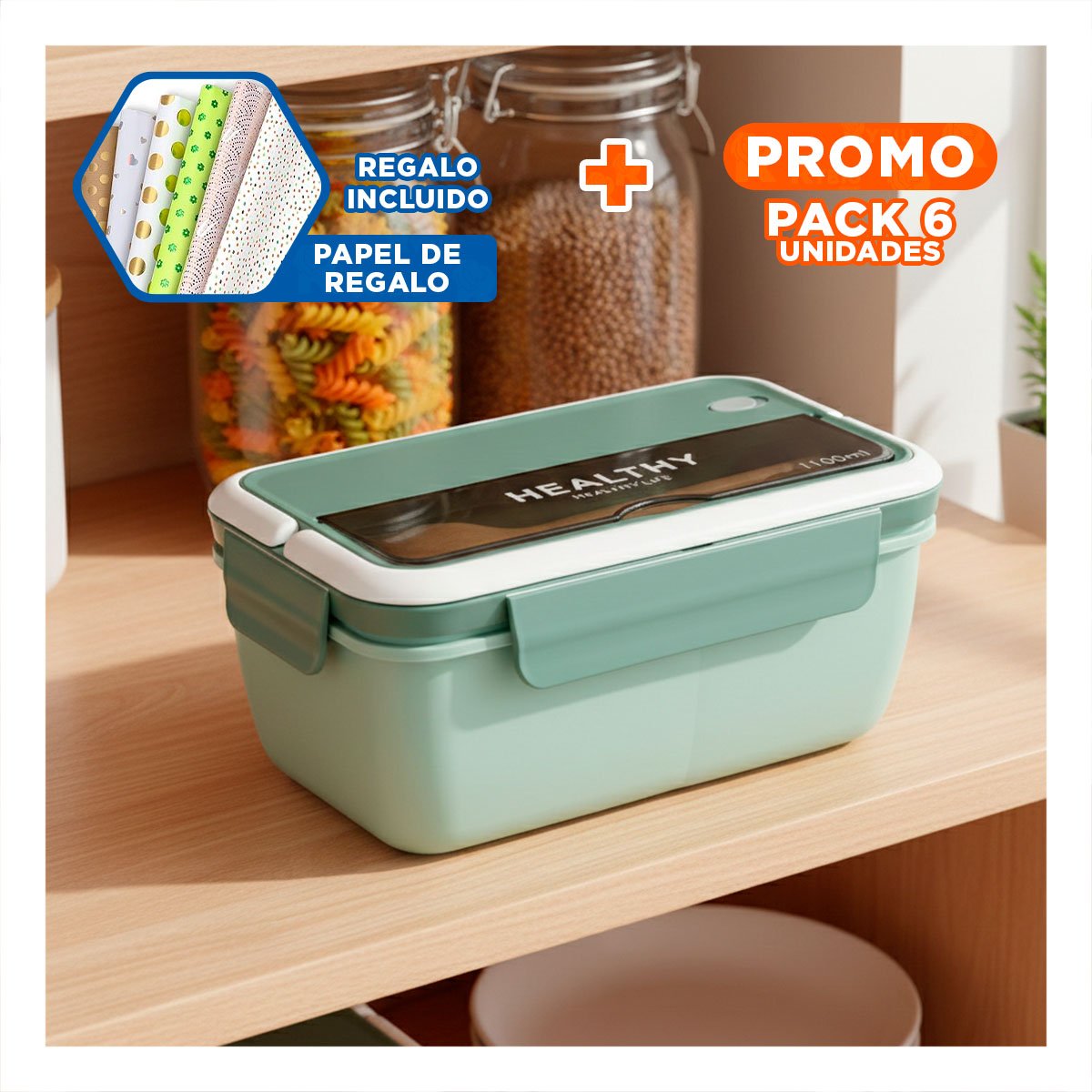 PACK6 CUBETA RECTANGULAR CON CUBIERTOS PARA SNACKS INFANTILES 1100ML VERDE Y+PAPEL REGALO - 1