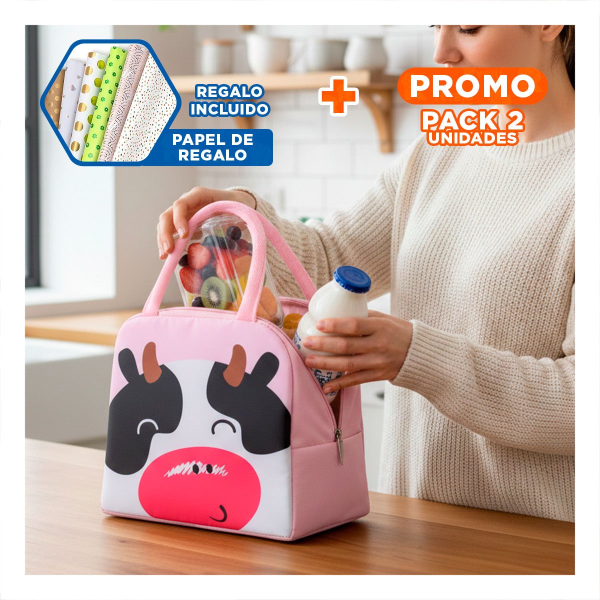 PACK2 PORTA ALIMENTOS TERMICO DE VACA LIGERO Y PORTATIL ROSADO Y+PAPEL REGALO - 1
